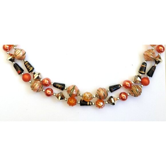 Vintage 50s Orange Beaded Necklace Matte Shiny Black Gold Green Halloween Autumn - Picture 2 of 4